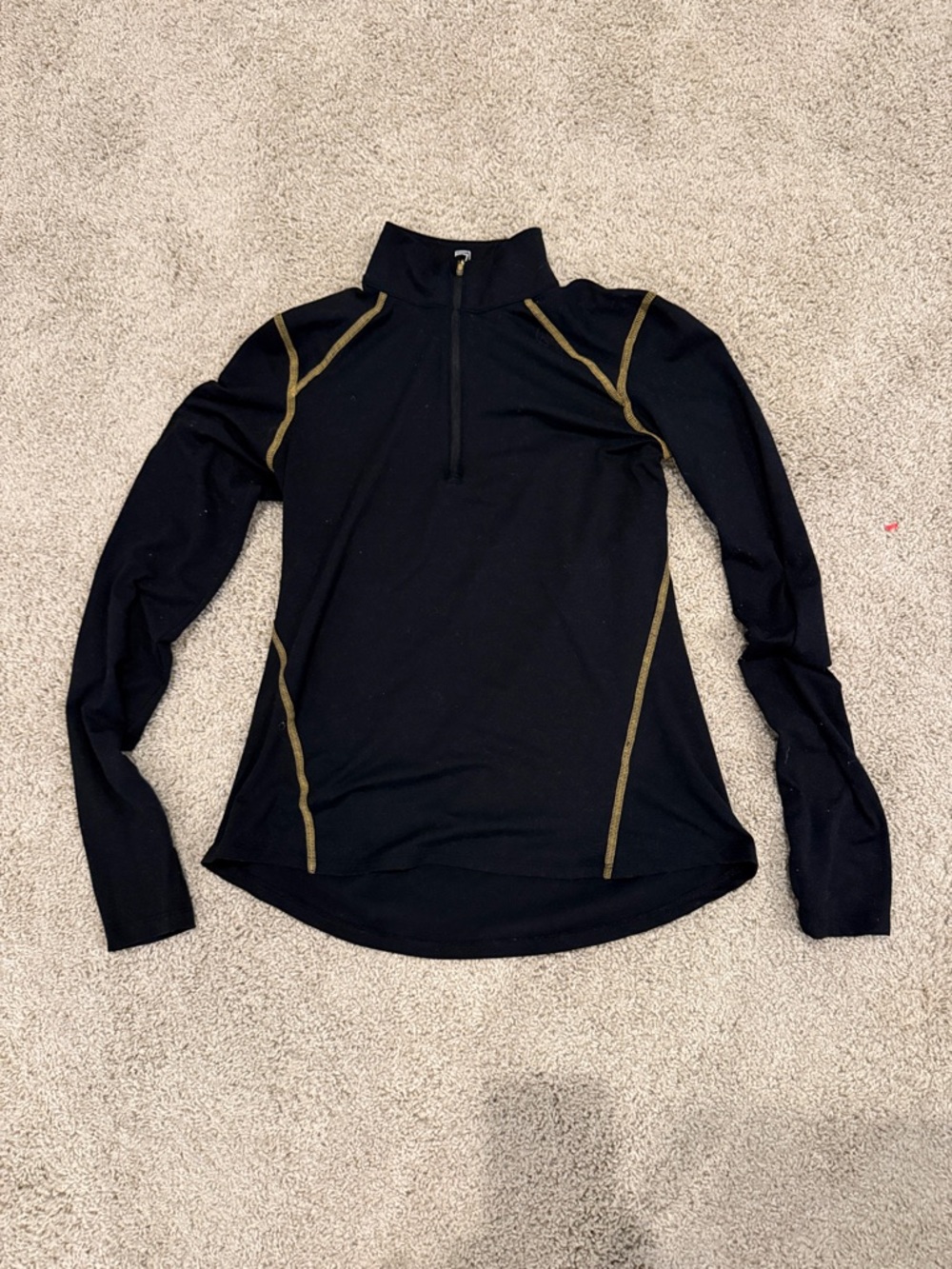 Women’s Black Long-Sleeve Half-Zip Top with Gold Contrast Stitching